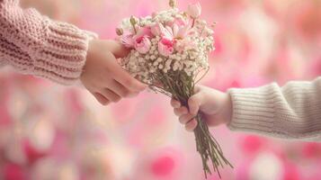 ai generado mano niño dando bouquete de flores en rosado pastel color foto