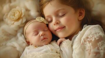 ai generado linda niña dormido en el cama con linda bebé foto