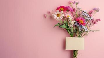 AI generated Bouquet of flower with empty card isolated on pastel pink background photo