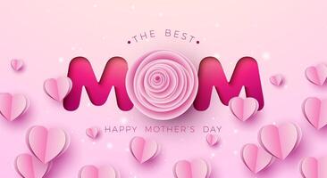 Best Mom Happy Mother's Day Banner or Postcard with Paper Hearts and Rose Flower on Pink Background. Vector Mom Celebration Design with Symbol of Love for Greeting Card, Flyer, Invitation, Brochure