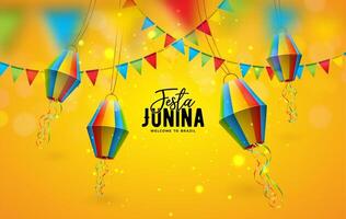 festa junina ilustración con fiesta banderas y papel linterna en amarillo antecedentes. vector Brasil junio festival diseño para saludo tarjeta, invitación o fiesta póster.