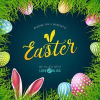 Happy Easter Illustration with Rabbit Ears, Painted Egg and Spring Green Grass on Blue Background. International Religious Vector Holiday Celebration Banner Design with Lettering for Greeting Card
