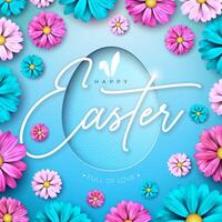 Happy Easter Holiday Design with Spring Flower and Egg Symbol on Blue Background. International Religious Vector Celebration Illustration with Typography for Greeting Card, Party Invitation or Promo