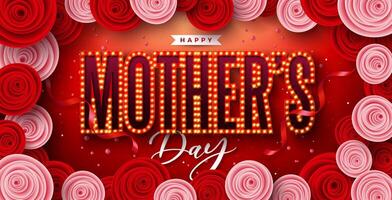 Happy Mother's Day Greeting Card Design with Rose Flower and Light Bulb Billboard Lettering on Red Background. Vector Mothers Day Illustration Template for Banner, Flyer, Invitation, Brochure, Poster.