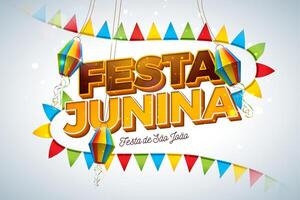 festa junina ilustración con fiesta banderas, papel linterna y 3d letra en ligero antecedentes. vector Brasil junio festival diseño para saludo tarjeta, invitación o fiesta póster.