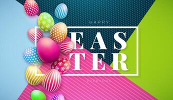 Happy Easter Holiday Design with Falling Colorful Painted Egg and Typography Lettering on Abstract Background. International Religious Vector Celebration Illustration with Typography for Greeting Card