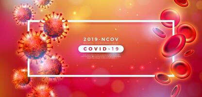 COVID-19. coronavirus brote diseño con virus y sangre célula en microscópico ver en brillante rojo antecedentes. vector 2019-ncov corona virus ilustración en peligroso sars epidemia tema para bandera.