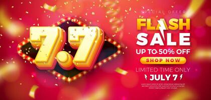 Shopping Day Flash Sale Design with 3d 7.7 Number and Light Bulb Billboard on Red Background. Vector 7 July Special Offer Illustration for Coupon, Voucher, Banner, Flyer, Promotional Poster