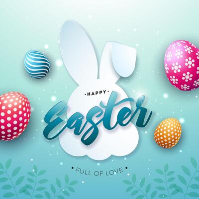 Happy Easter Holiday Illustration with Painted Egg and Rabbit Silhouette on Blue Background. International Religious Celebration Design with Typography Lettering for Greeting Card, Party Invitation or