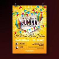 Festa Junina Party Flyer Illustration with Typography Design. Flags, Paper Lantern and Confetti on Yellow Background. Vector Brazil June Festival Design for Invitation or Holiday Celebration Poster.