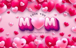 Happy Mother's Day Illustration with Heart and 3d Love You Mom Typography Lettering on Pink Background. Vector Mother Day Design for Greeting Card, Banner, Flyer, Brochure, Poster.