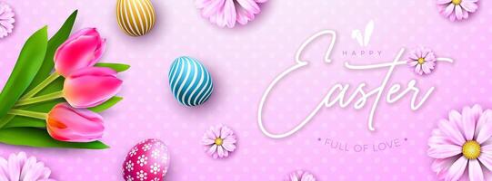 Happy Easter Holiday Design with Colorful Painted Egg and Spring Tulip Flower on Pink Background. International Religious Vector Celebration Banner Illustration with Typography Lettering for Greeting