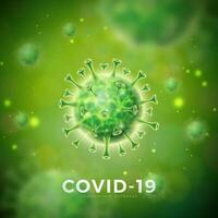 COVID-19. coronavirus brote diseño con virus célula en microscópico ver en verde antecedentes. vector ilustración modelo en peligroso sars epidemia tema para promocional bandera o volantes.