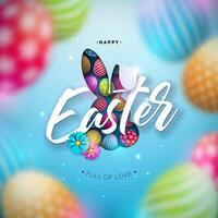 Happy Easter Holiday Design with Flower, Blurred Painted Egg and Rabbit Ears on Blue Background. Vector Illustration of International Religious Celebration with Typography for Greeting Card or Banner.