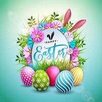 contento Pascua de Resurrección ilustración con pintado huevo, Conejo orejas y primavera flor en azul antecedentes. vector Pascua de Resurrección día celebracion diseño para volantes, saludo tarjeta, bandera, fiesta póster o fiesta invitación.