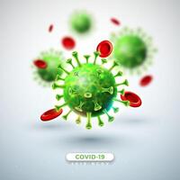 COVID-19. coronavirus brote diseño con que cae virus y sangre célula en microscópico ver en ligero antecedentes. vector 2019-ncov corona virus ilustración en peligroso sars epidemia tema para bandera.