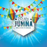 festa junina ilustración con papel linterna y tipografía letras en azul nublado cielo antecedentes. vector Brasil junio sao joao festival diseño para bandera, saludo tarjeta, invitación o fiesta póster