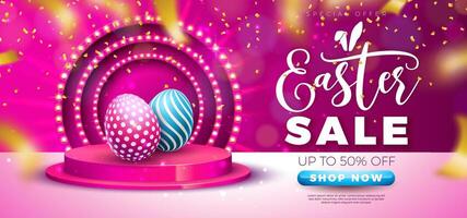 Easter Sale Illustration with Color Painted Egg on Podium, Light Signboard and Falling Confetti on Pink Background. Vector Holiday Celebration Design Template for Coupon, Banner, Voucher or