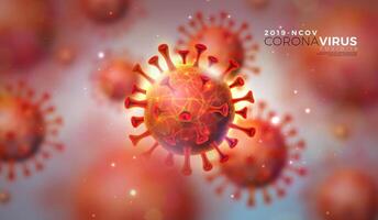 COVID-19. coronavirus brote diseño con virus célula en microscópico ver en brillante ligero antecedentes. vector 2019-ncov ilustración modelo en peligroso sars epidemia tema para promocional bandera.