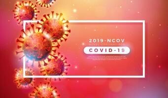 COVID-19. coronavirus brote diseño con virus célula en microscópico ver en brillante rojo antecedentes. vector 2019-ncov corona virus ilustración en peligroso sars epidemia tema para promocional bandera.