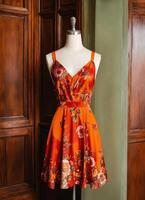 AI generated Fashionable evening orange summer dress on a mannequin. ai generative. ai generative photo