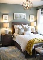 AI generated interior of classic bedroom, comfortable king size bed. ai generative photo