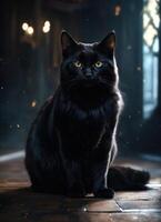 ai generado retrato de un negro gato con amarillo ojos en un oscuro antecedentes. ai generativo foto