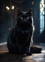 AI generated Portrait of a black cat with yellow eyes on a dark background. ai generative photo