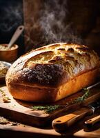 AI generated Freshly baked bread with sesame seeds on a wooden board. ai generative photo