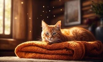 AI generated Cute ginger cat lying on the bed with a warm blanket. ai generative photo