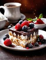 AI generated Chocolate cake with whipped cream and fresh fruits on a dark background. ai generative photo