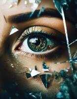 AI generated Close-up of beautiful female eye with broken glass effect. Fantasy image. ai generative photo