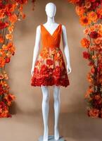 AI generated Fashionable evening orange summer dress on a mannequin. ai generative. ai generative photo