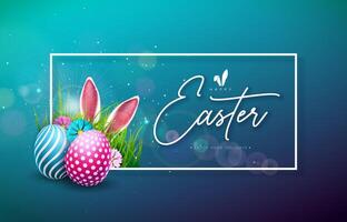 Happy Easter Holiday Design with Flower, Painted Egg and Rabbit Ears on Blue Background. Vector Illustration of International Religious Celebration with Typography Lettering for Greeting Card or