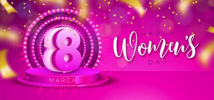 8 March Happy Women's Day Illustration with Podium and Light Bulbs on Pink Background International Woman Day Vector Design for Flyer, Greeting Card, Web Banner, Holiday Poster or Party Invitation.