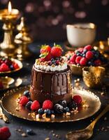 AI generated Chocolate cake with whipped cream and fresh fruits on a dark background. ai generative photo