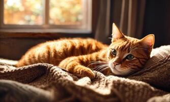 AI generated Cute ginger cat lying on the bed with a warm blanket. ai generative photo