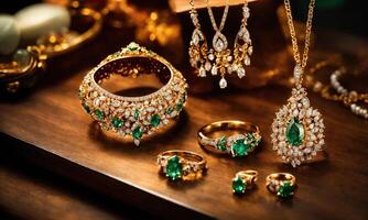 AI generated jewelry diamond ring on wooden table with bokeh background. ai generative photo