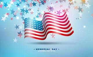 Memorial Day of the USA Vector Design Template with American Flag on Falling Colorful Star Background. National Patriotic Celebration Illustration for Banner, Greeting Card, Invitation or Holiday