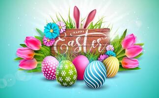 Happy Easter Holiday Design with Painted Egg, Tulip Flower and Rabbit Ears on Vintage Wood Background. International Religious Vector Celebration Illustration with Typography for Greeting Card, Party