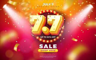 Shopping Day Flash Sale Design with 3d 7.7 Number and Light Bulb Billboard on Red Background. Vector 7 July Special Offer Illustration for Coupon, Voucher, Banner, Flyer, Promotional Poster