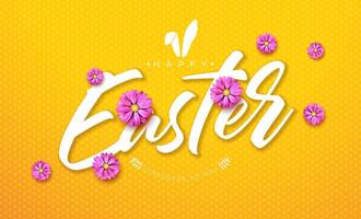 Happy Easter Illustration with Spring Flower and Rabbit Ears Symbol on Yellow Background. Vector Easter Day Celebration Design for Flyer, Greeting Card, Banner, Holiday Poster or Party Invitation.