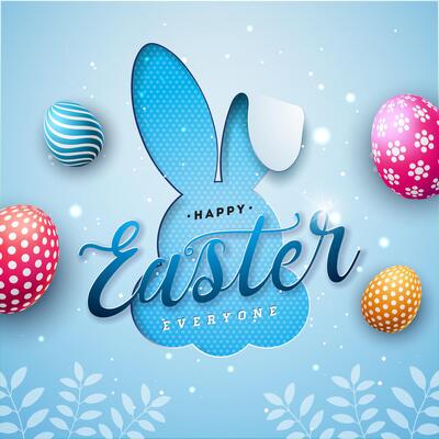 Happy Easter Holiday Illustration with Painted Egg and Rabbit Silhouette on Blue Background. International Religious Celebration Design with Typography Lettering for Greeting Card, Party Invitation or