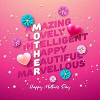 Happy Mother's Day Greeting Card Design with Features Quote, Loving Heart and Spring Flower on Pink Background. Vector Mothers Day Illustration for Banner, Flyer, Invitation, Brochure or Poster.