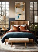 AI generated interior of classic bedroom, comfortable king size bed. ai generative photo