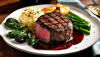 AI generated Beef steaks with asparagus and balsamic vinegar. ai generative photo