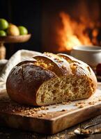 AI generated Freshly baked bread with sesame seeds on a wooden board. ai generative photo