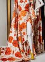 AI generated Fashionable evening orange summer dress on a mannequin. ai generative. ai generative photo