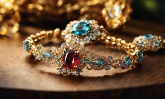 AI generated jewelry diamond ring on wooden table with bokeh background. ai generative photo