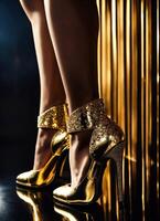 AI generated Legs of a woman in golden high-heeled shoes. ai generative photo